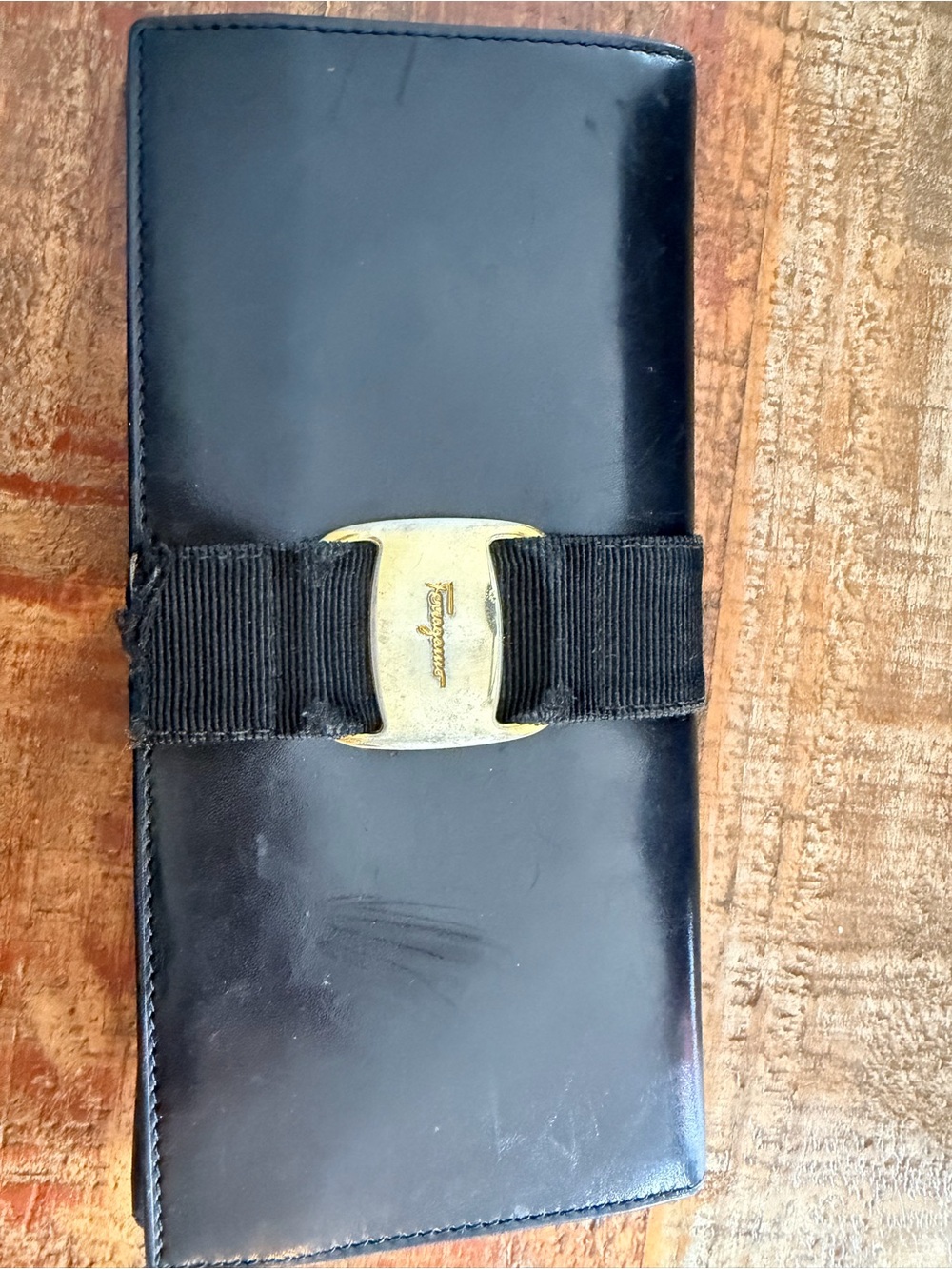 Salvatore Ferragamo Black Leather Long Wallet with Gold Gancini